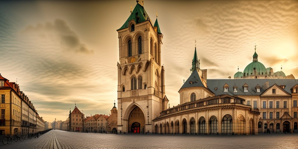 AI-generated golden-hour painting of the Powder Tower and the Royal Court buildings on an empty square