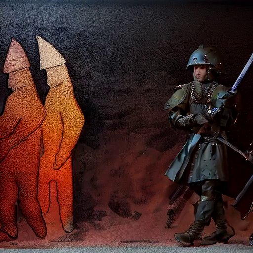 An AI-generated medieval soldier in armour standing next to stylised figures