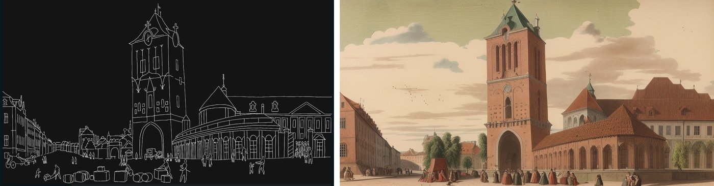 A white-on-black line drawing of the Powder Tower corner next to the AI-generated painted version of the same view