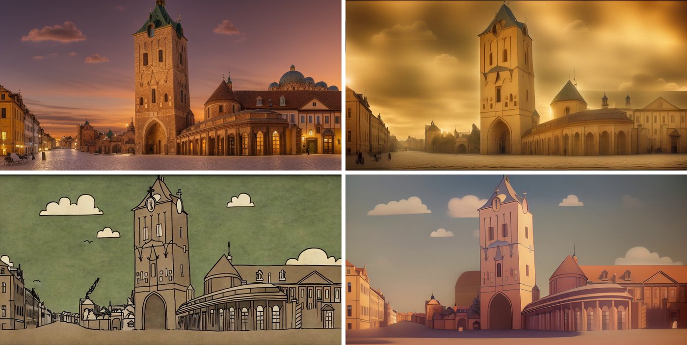 Four AI-generated versions of the same Powder Tower view: dusk, golden haze, a hand-drawn cartoon style and a warm pastel style