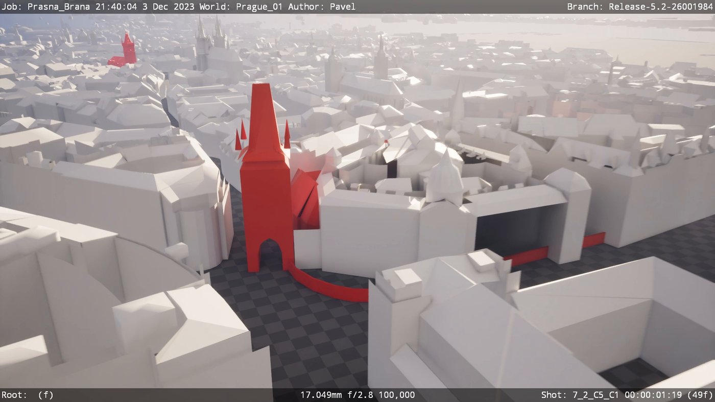 Unreal Engine viewport showing a white 3D model of Prague with the Powder Tower and the walls highlighted in red