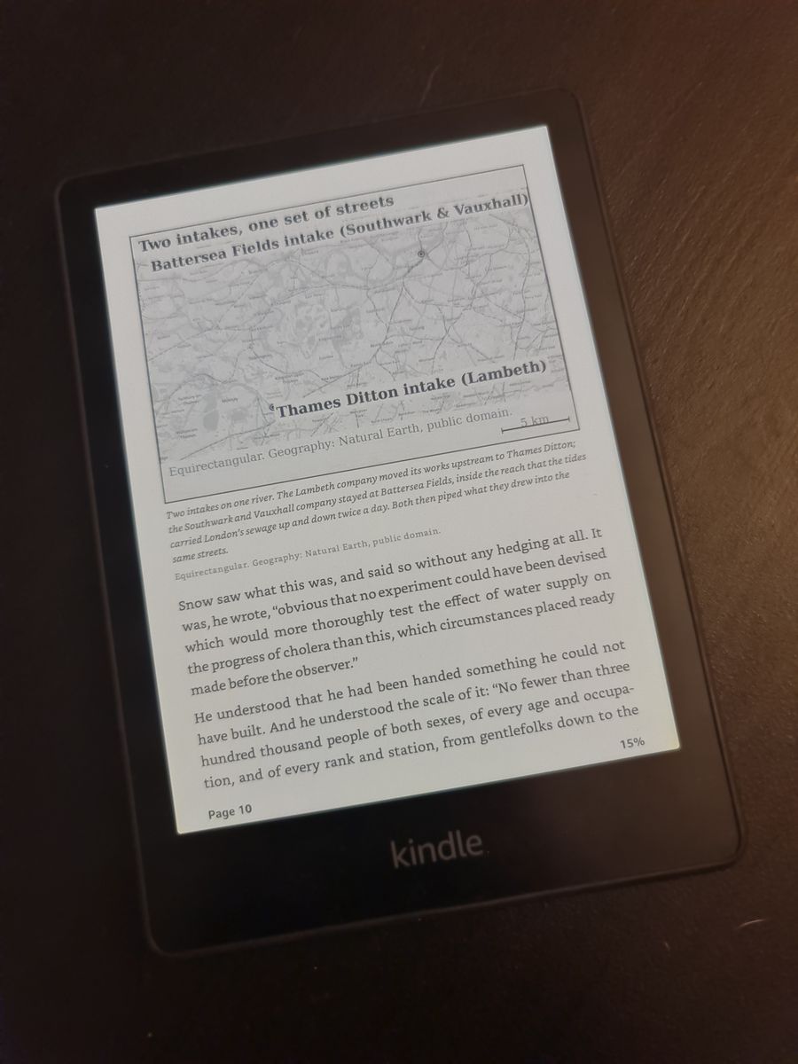A Kindle page with a generated map titled Two intakes, one set of streets, marking the Battersea Fields and Thames Ditton water intakes