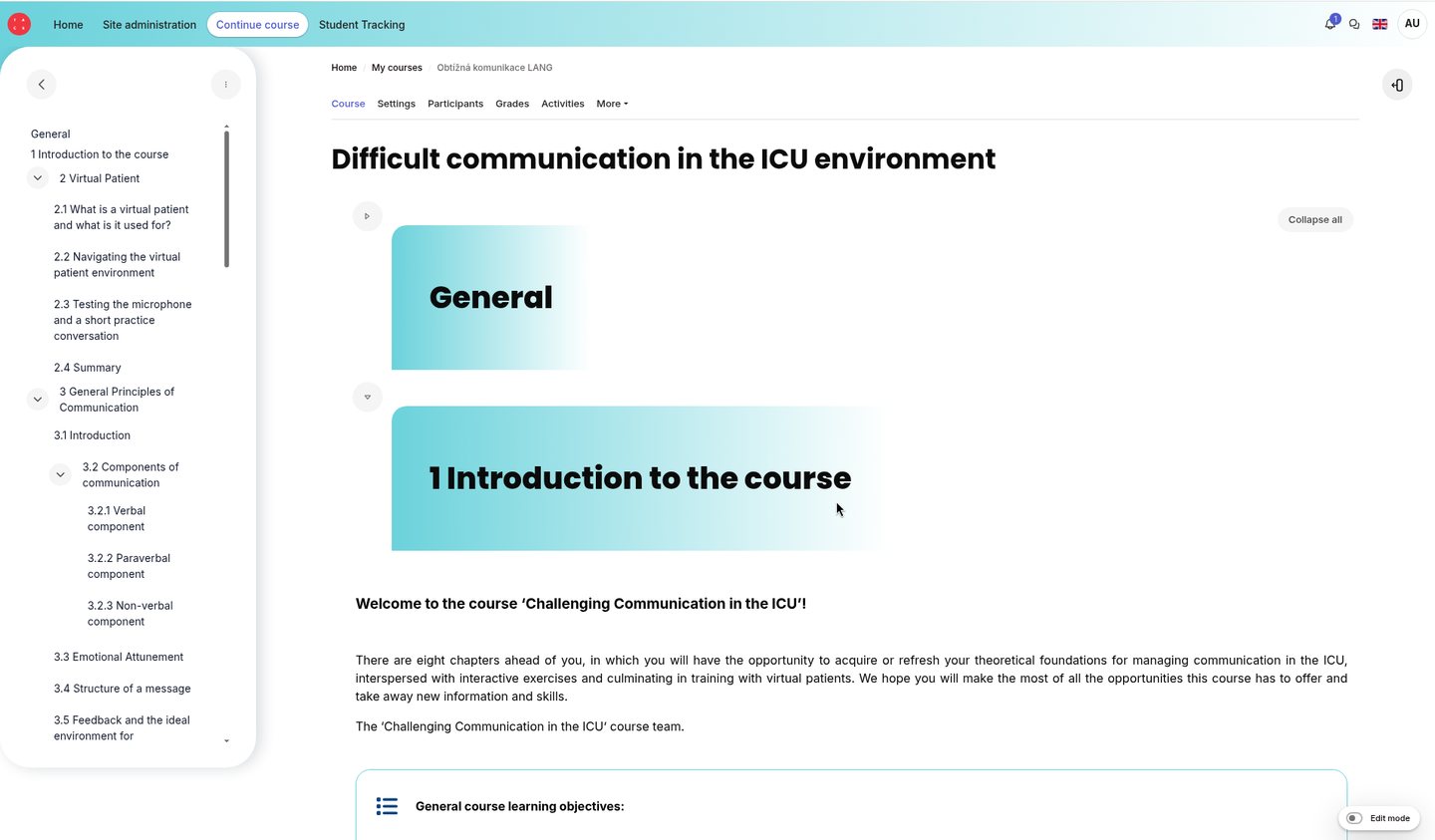 Course overview page with a collapsible nested chapter tree on the left and branded teal gradient section headers