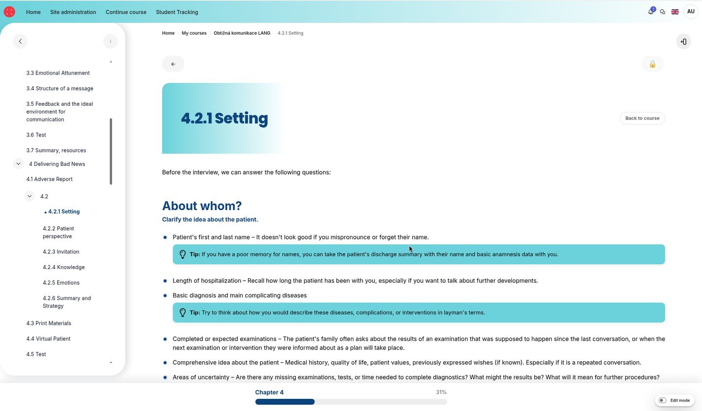 Lesson 4.2.1 from the chapter on delivering bad news, with cyan Tip boxes and a sticky chapter progress bar at the bottom