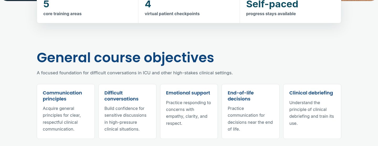 Public course homepage listing the 5 core training areas and 4 virtual patient checkpoints