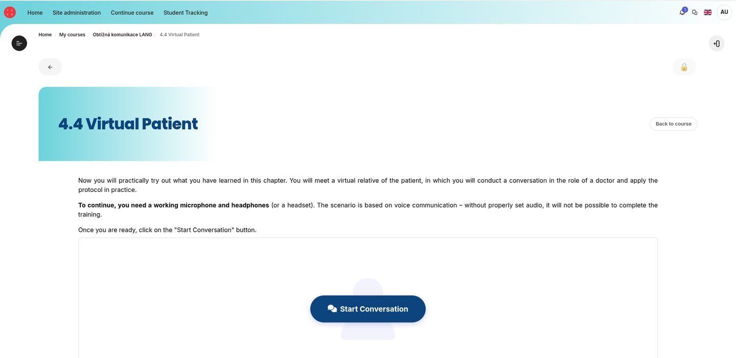 Lesson 4.4 Virtual Patient: instructions to use a microphone and headphones, and a Start Conversation button